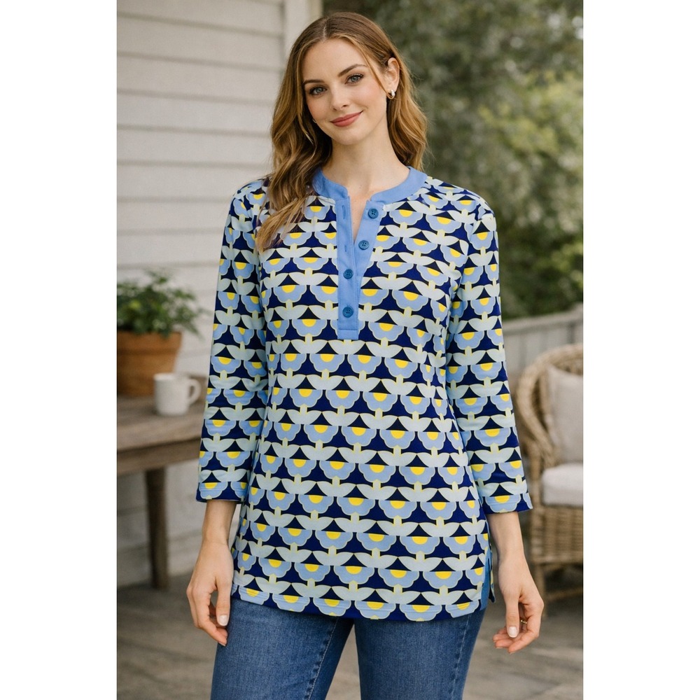 WB4 J. McLaughlin Geometric Print 3/4 Sleeve Button Tunic Top Medium‎